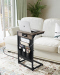 C-Shaped End Table with Fast-Charging Station, Small Couch Side Table with Storage Bag, Sofa TV Tray Table for Living Room, Bedroom, Bedside ET-GY-W1