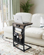 C-Shaped End Table with Fast-Charging Station, Small Couch Side Table with Storage Bag, Sofa TV Tray Table for Living Room, Bedroom, Bedside ET-GY-W1