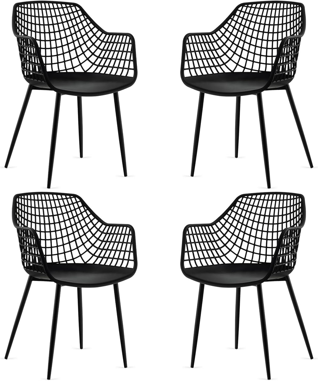 GOFLAME Dining Chairs Set of 4, Plastic Kitchen Chairs with Metal Legs, Hollowed Backrest and Curved Seat, Modern Accent Chairs, Armless Side Chairs for Living Room, Dining Room, Bedroom, Black