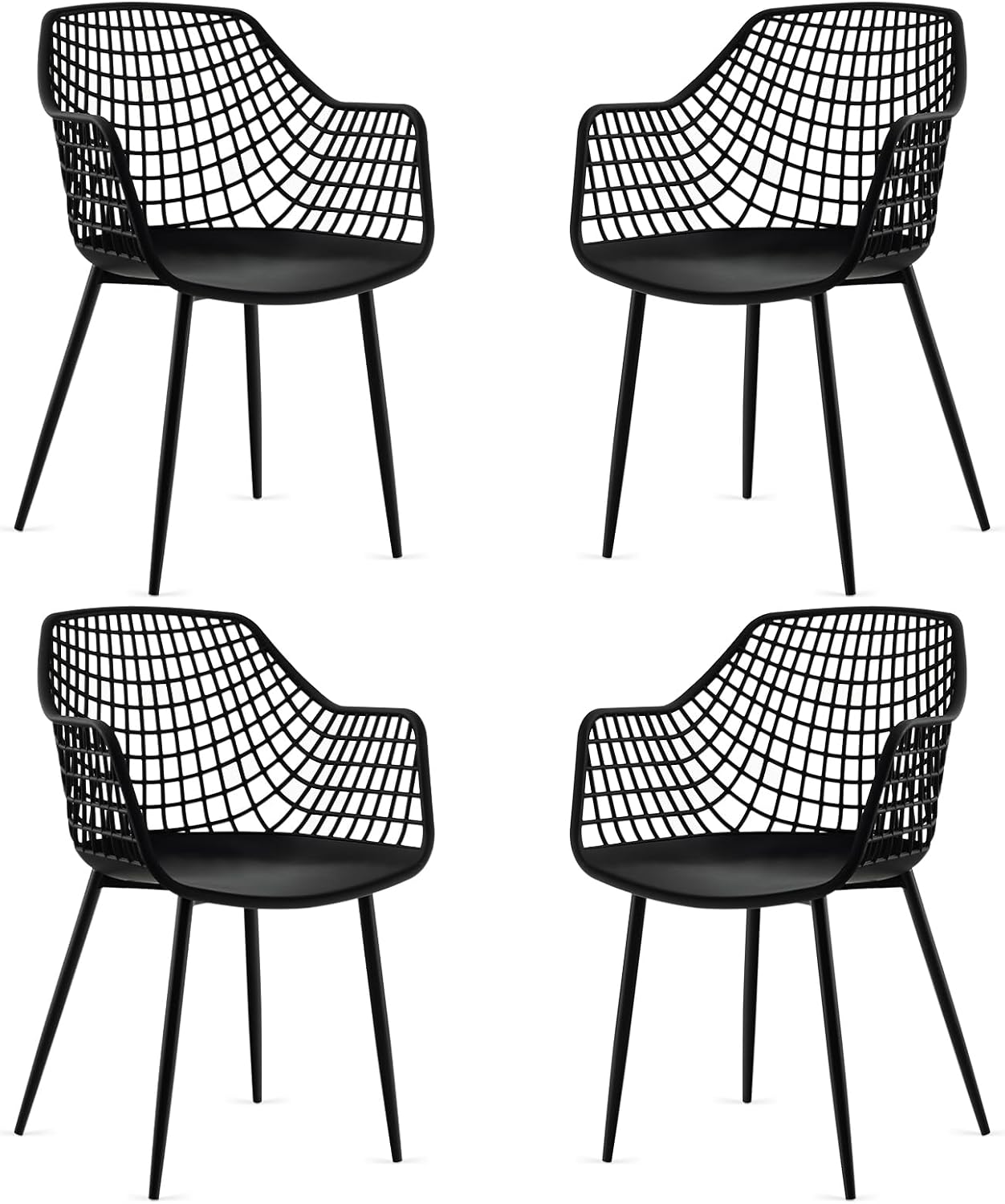 GOFLAME Dining Chairs Set of 4, Plastic Kitchen Chairs with Metal Legs, Hollowed Backrest and Curved Seat, Modern Accent Chairs, Armless Side Chairs for Living Room, Dining Room, Bedroom, Black