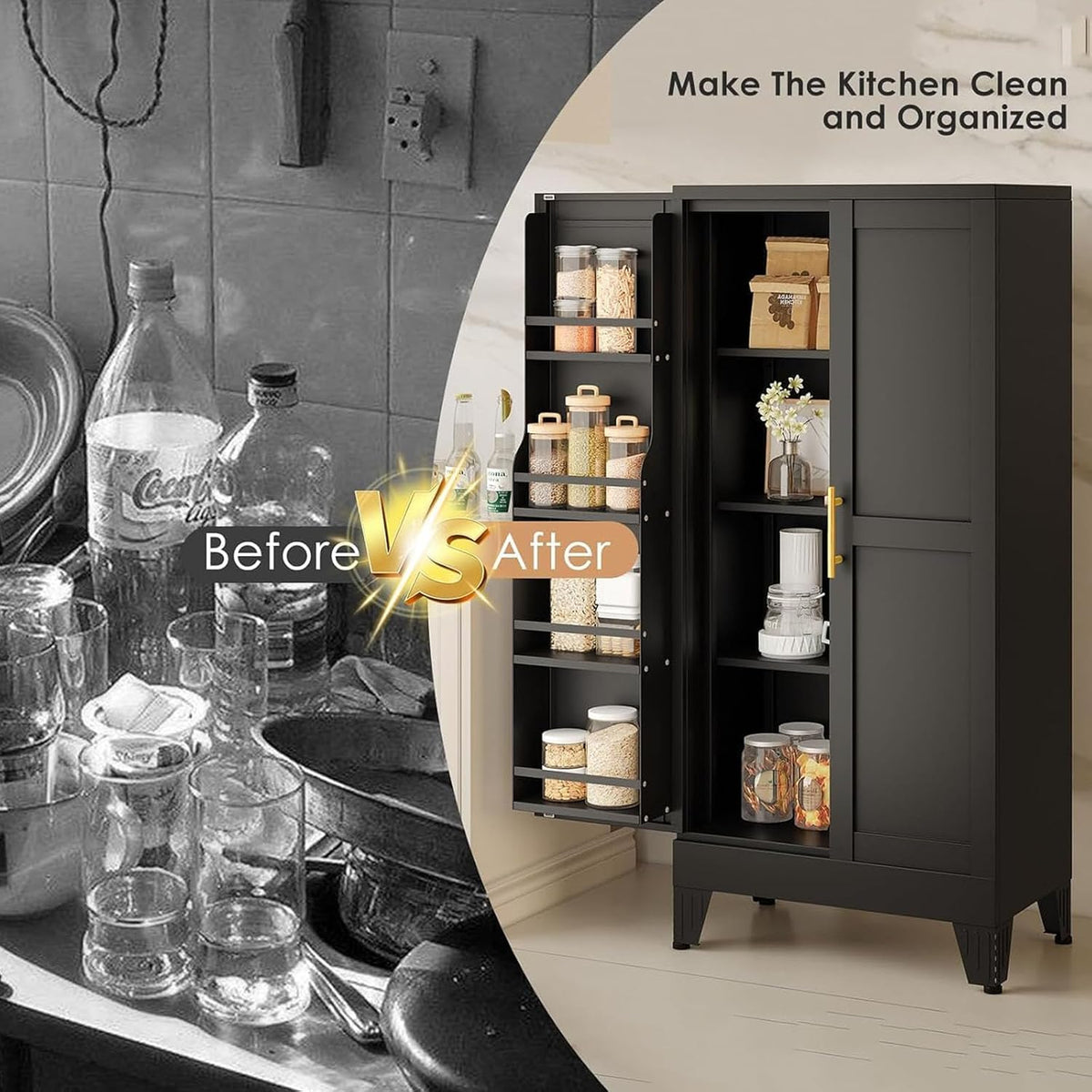 47.2" H Tall Metal Kitchen Pantry Storage Cabinet, Freestanding Storage Cabinet with Magnetic Doors and Adjustable Shelves, Black Metal Pantry Cabinets for Dining Room and Living Room