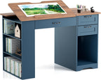 Drafting Table with Storage Cabinet & Drawers, Adjustable Drawing Table with Open Shelves, Craft Art Desk for Artists, Painters, Drawing, Crafting, Reading, Writing, Working (Blue)