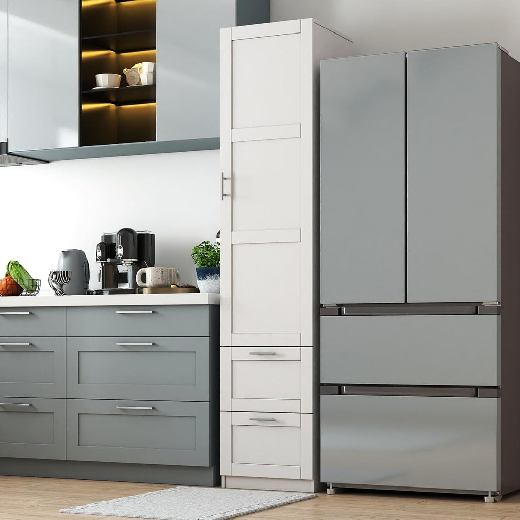 KEIKI Kitchen Pantry Storage Cabinet with Multi-Tier Shelf & Drawers, Spice Rack Next to Fridge, Freestanding Wood Cabinet Hutch Food Pantries Cupboard for Dining Room, Narrow Spaces