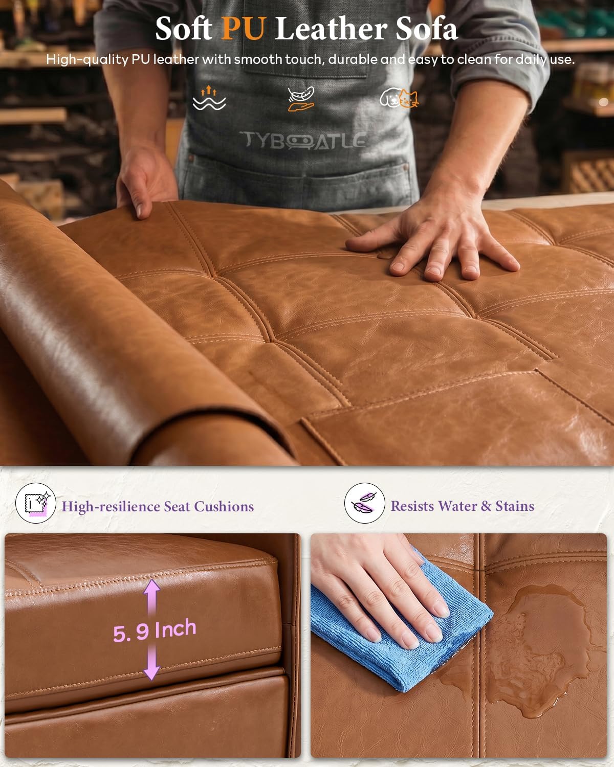 Brown Leather 3-Piece Sofa Set with USB & Type-C, Living Room Couch | TYBOATLE Sectional Couches, Comfy 3-Piece Living Room Furniture with Charging Ports, RV Office Apartment Bedroom, Brown