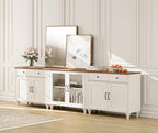 WAMPAT Farmhouse TV Stand for 100 Inch TV, 3-in-1 Wooden TV Console Table for 75/80/85/90 Inch TV, Entertainment Center with Glass Door, Kitchen Sideboard Buffet Cabinet for Dining Room, Off White