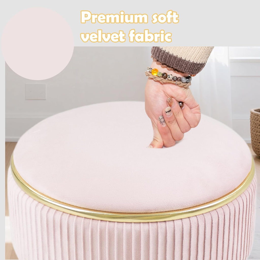 Adjustable Vanity Stool with Storage, 360° Swivel Makeup Stool Chair Small Velvet Round Ottoman with Gold Base for Bedroom, Pink