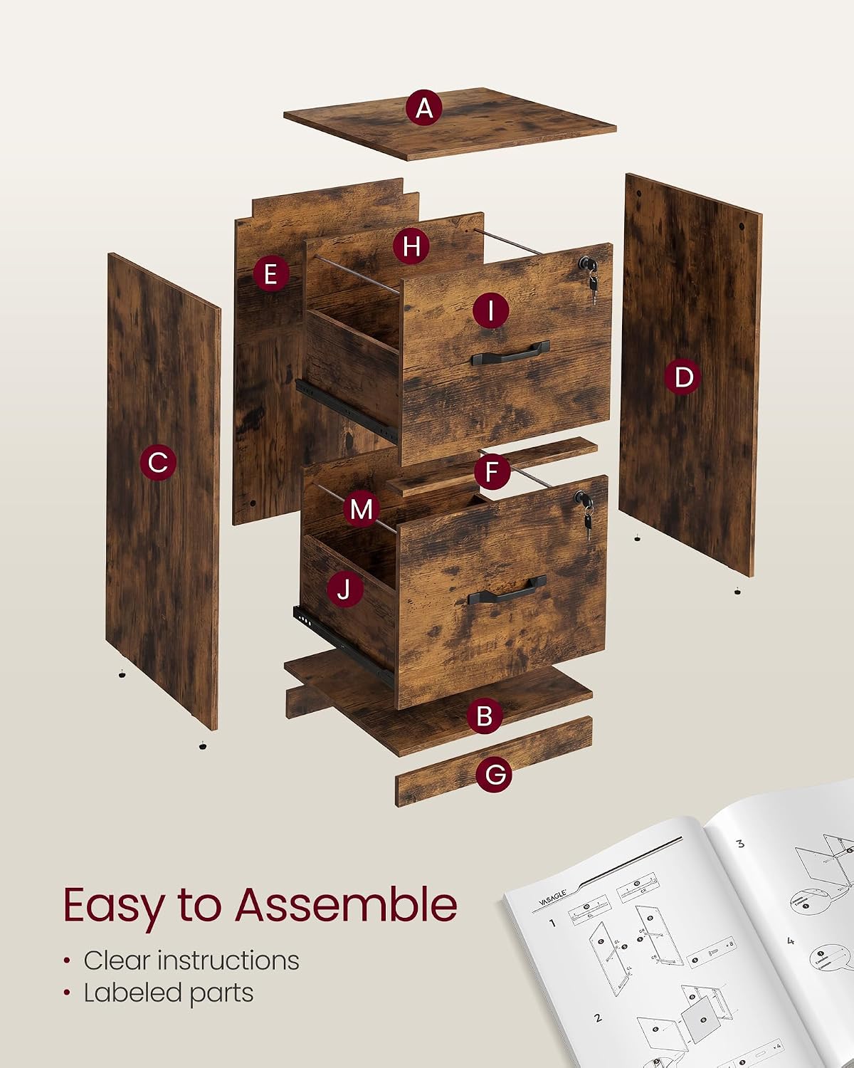 VASAGLE Custos Collection - 2 Drawers File Cabinet with Lock, Printer Stand, Office Filing Cabinet Organizer, for A4 and Letter Size Documents, Rustic Brown UOFC061K101S