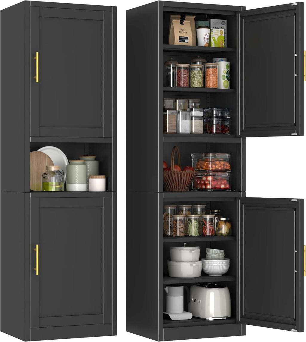Kitchen Pantry Storage Cabinet,66.9" Tall Metal Storage Cabinet with 2 Door and 4 Adjustable Shelves.Freestanding Cupboard for Dining Room Living Room and Office.(Black)