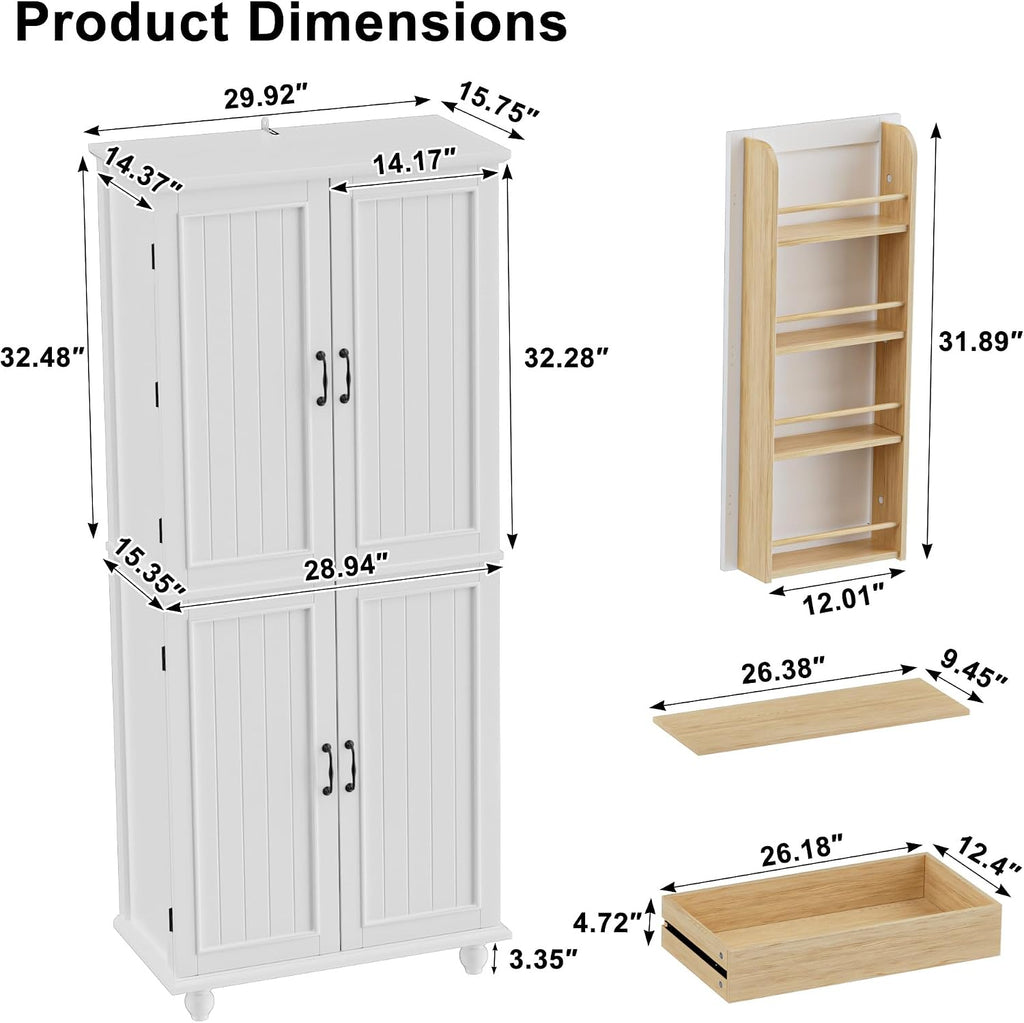 Scurrty Kitchen Pantry Cabinet, 69'' Pantry Storage Cabinet with 4 Doors and Shelves, Farmhouse Kitchen Cabinet with 3 Drawers, Freestanding Wooden Cupboard for Living Room and Dinning Room (White)