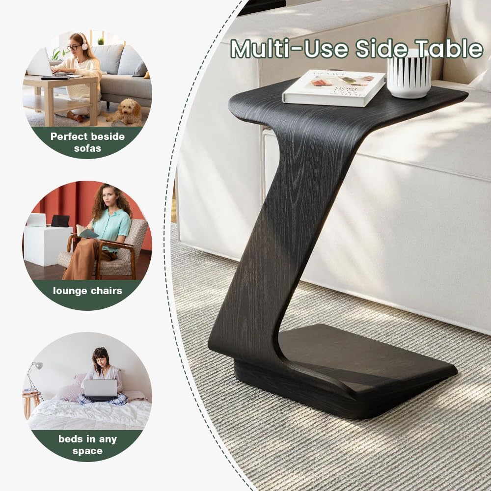 POVISON Modern C-Shaped Side Table Set with Wheels, 15" End Table for Small Spaces, Couch Tables that Slide Under, C Shaped Side Tables Living Room and Bedroom for Sofa, Bed,Chair,Black