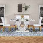 Modern Faux Marble Dining Table Set for 4, 63" White Rectangular Kitchen Table with Elegant U-Shaped Pedestal Base & 4 Tufted Upholstered High-Back Chairs, Luxury 7-Piece Dining Room Furniture Set