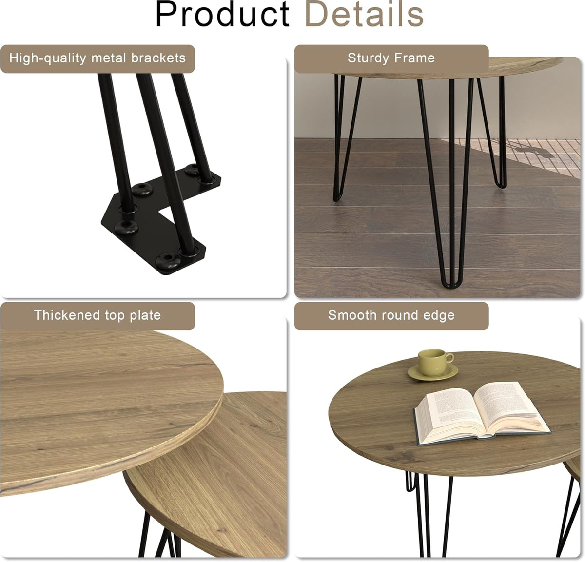 Small Round Nesting Coffee Table Set of 2 for Living Room, 27.56 inch Wood Modern Stacking Circle Coffee Table Side Table End Table with Metal Frame for Bedroom（Brown