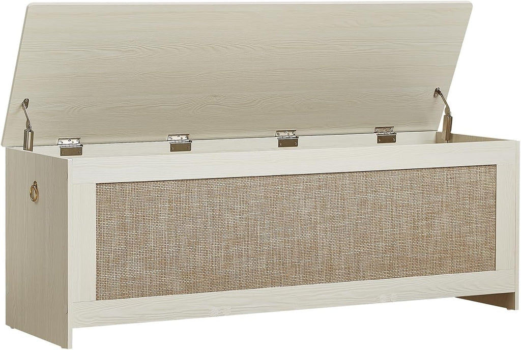 51.2" Storage Chest Large,Wooden Rattan Storage Bench.(White Cream) | Storage trunk with 2 Safety Hinges, 51.2x15.7x18.3 Inch, Easy Assembly, Storage bench For Bedroom, Living Room, Entryway