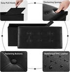YOUDENOVA 30" Ottoman with Storage, Folding Faux Leather Bench, Black | Foldable ottoman with hidden storage, padded faux leather seat for living room, bedroom and entryway.