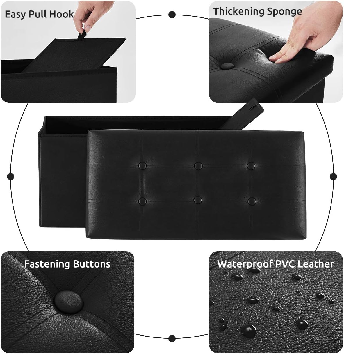 YOUDENOVA 30" Ottoman with Storage, Folding Faux Leather Bench, Black | Foldable ottoman with hidden storage, padded faux leather seat for living room, bedroom and entryway.