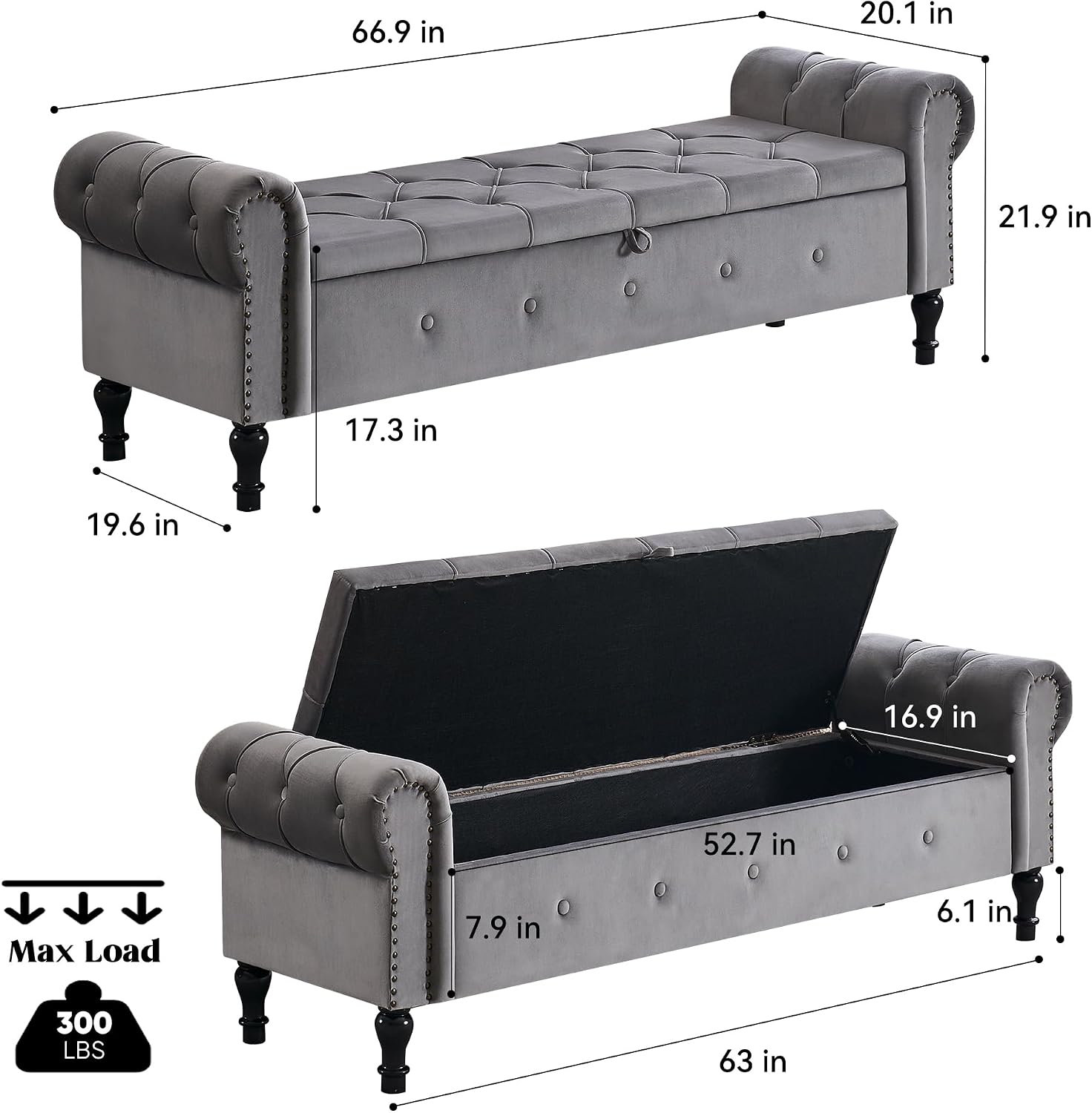Storage Bench 67" Velvet End of Bed Benches Dark Grey | King Size Storage Bench for Bedroom with Rolled Arms Tufted Ottoman Benches Upholstered Bench for Living Room Entryway
