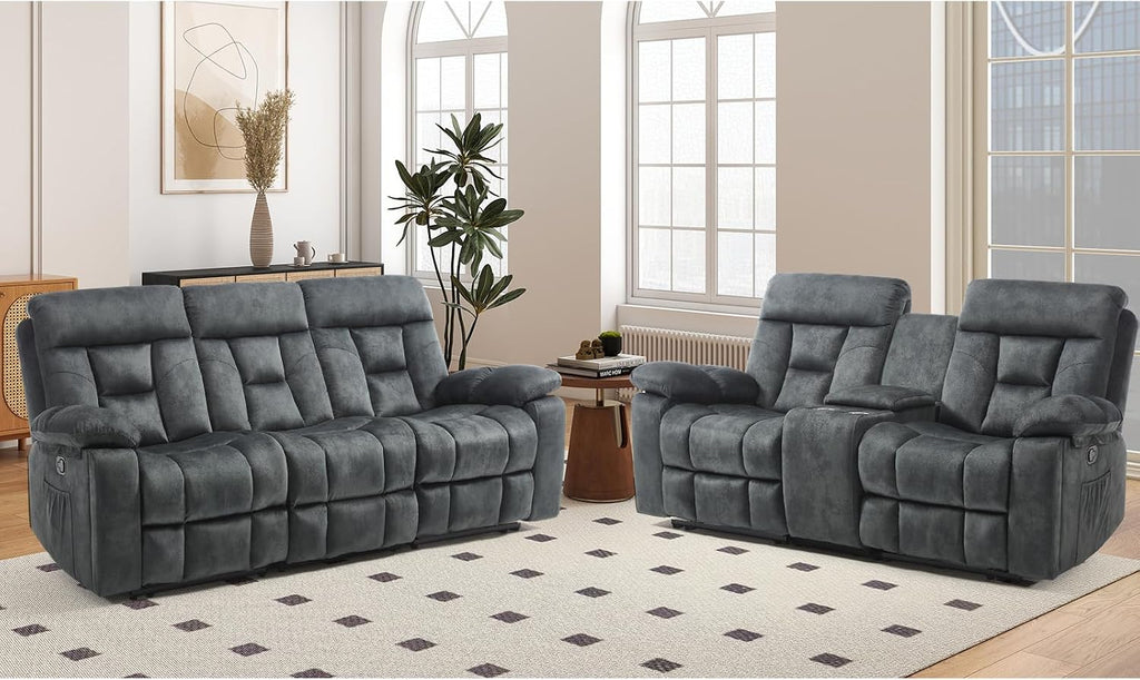 EBELLO 2 Pieces Recliner Sofa Couch Furniture Set, Overstuffed Reclining Loveseat Recliner Couch and Wide 3PC Bonded Sofa Set for Living Room, Dark Greenish-Grey