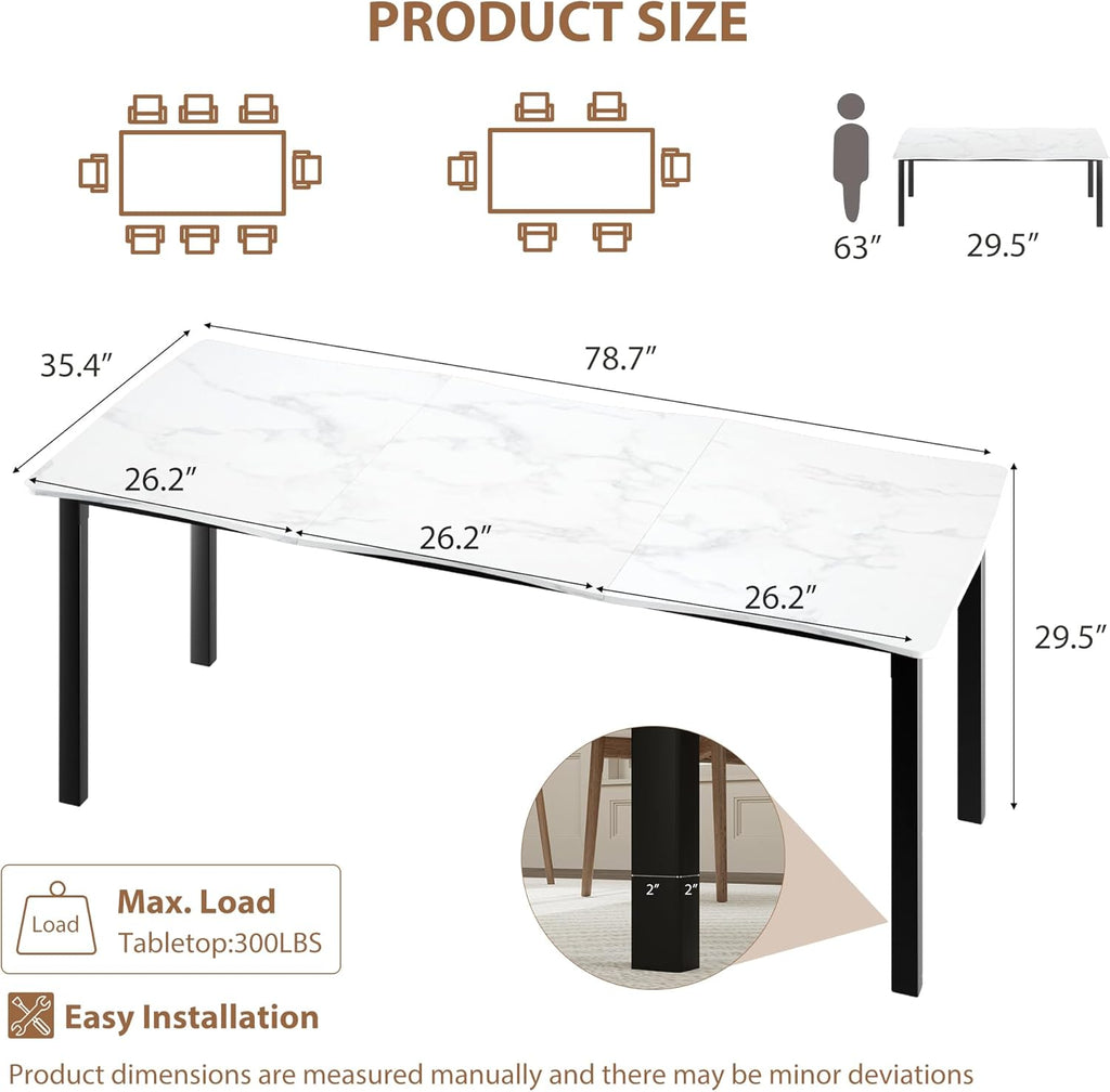 IDEALHOUSE Dining Room Table for 6-8 People, 79”Dining Table, Kitchen Table with Iron Legs and Irregular Desktop, Quick Assembly, 300 Lbs Capacity, for Kitchen, Living Room, Marble(Only Table)