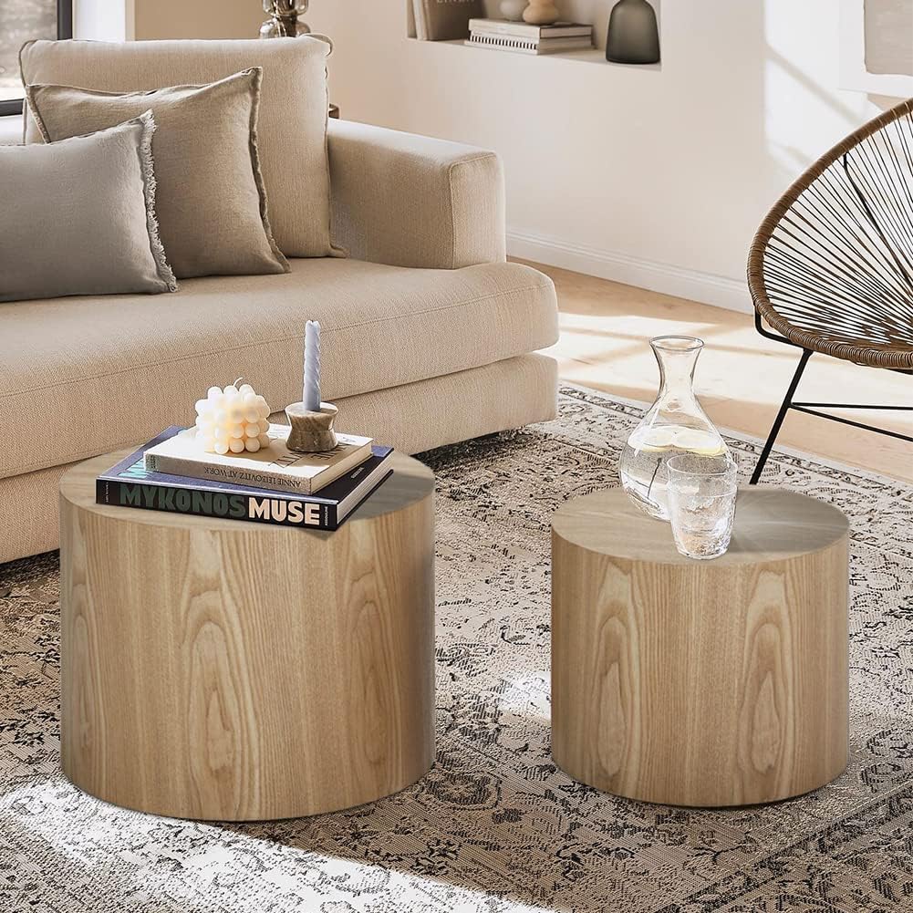Wood Side Table Round Small Coffee Tables Nesting End Table Set of 2 for Living Room Bedroom Office, No Assembling (Oak/Walnut - Round)