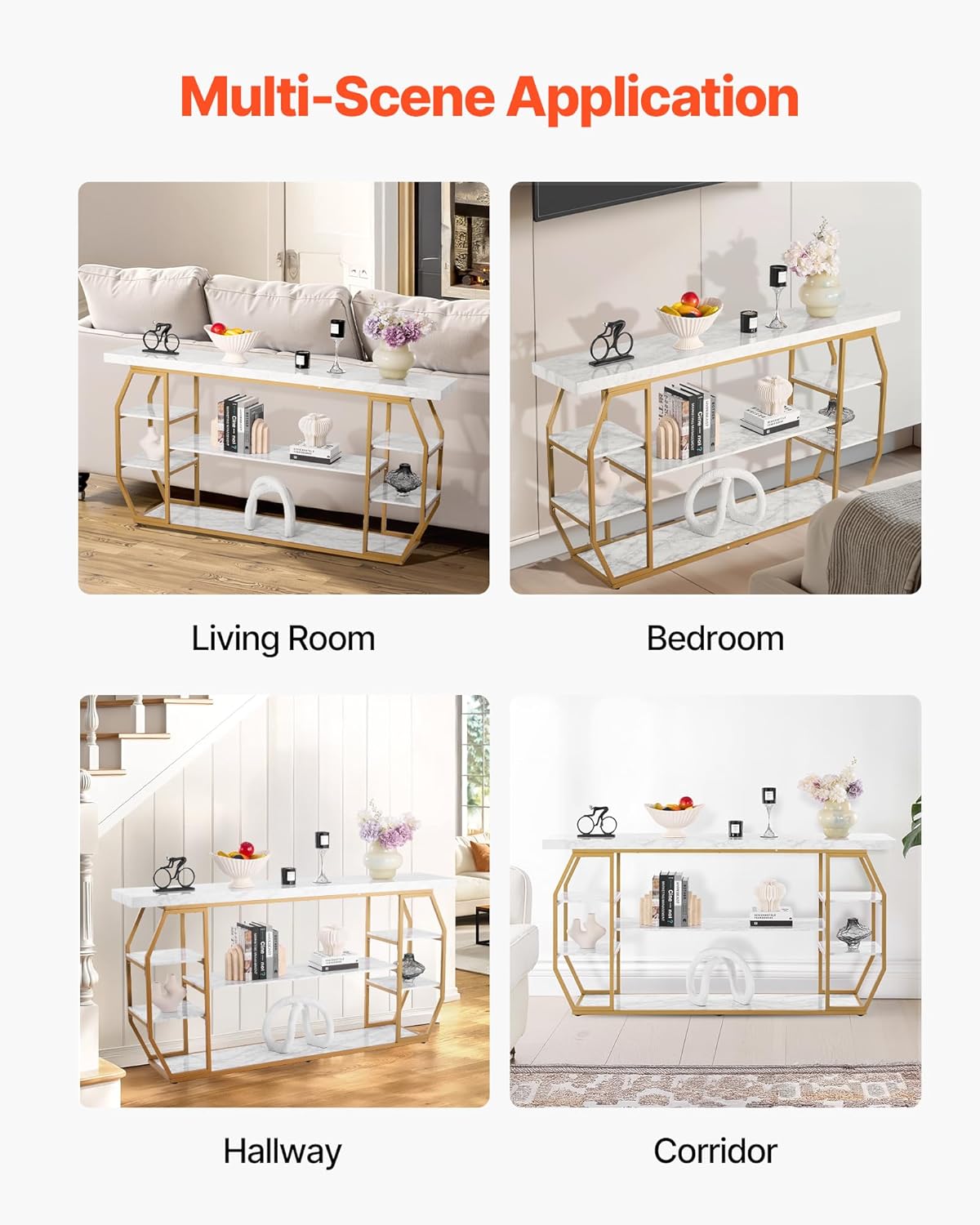 VEVOR Marble Console Table, 3 Tiers Modern Console Table for Open Storage, Golden Geometric Table with Iron Tubes, Anti-Tip Device and Triangular Support for Living Room, Hallway, Entryway