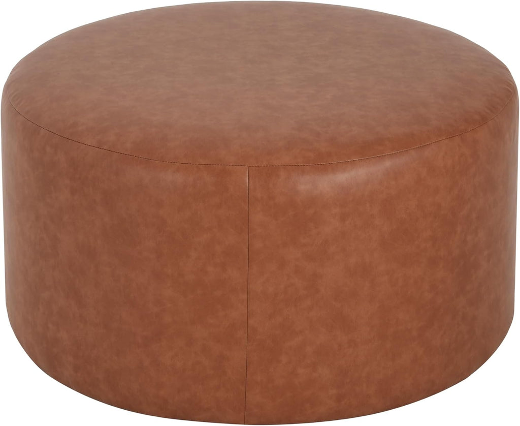 Merax 30.25" Modern Upholstered Round PU Leather Ottoman, Multifunctional Extra Seat, Side Table, Foot Rest, Stuffed Pouf Footstool for Living Room Bedroom, Cognac Brown