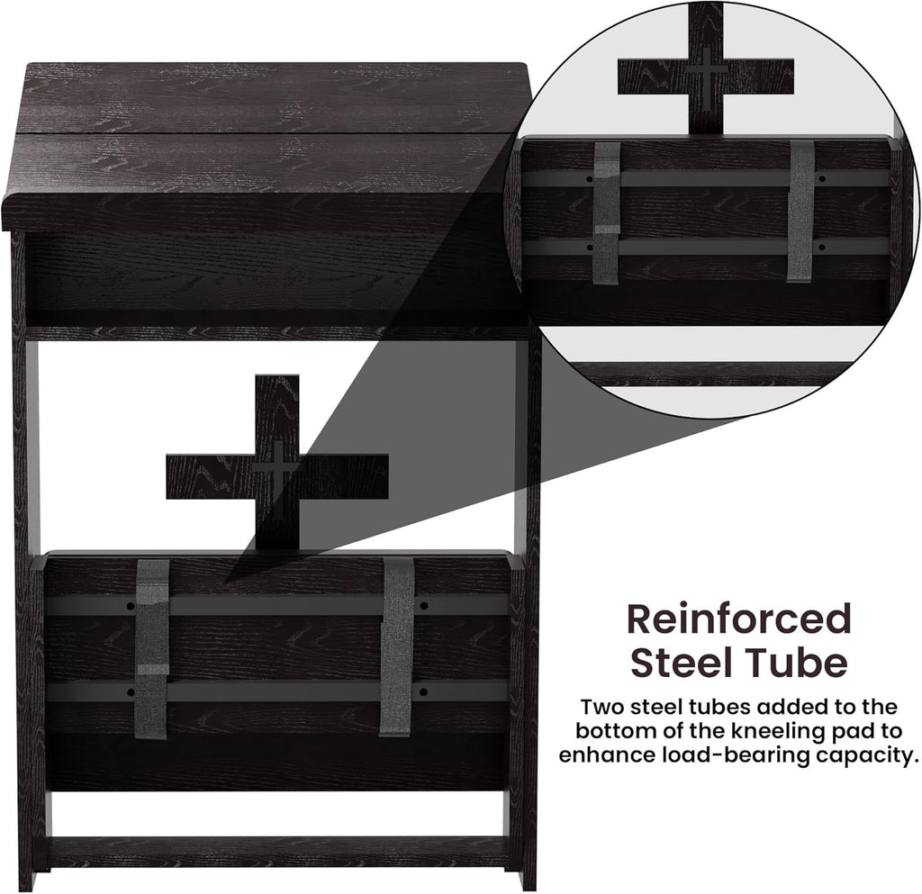 Foldable Prayer Kneeler, Wooden Prayer Bench with Storage Shelf, Cushion Pad, Rounded Corner Bookend and Customizable Cross Decoration, Reinforced Steel Tube Base Design (Dark Brown)