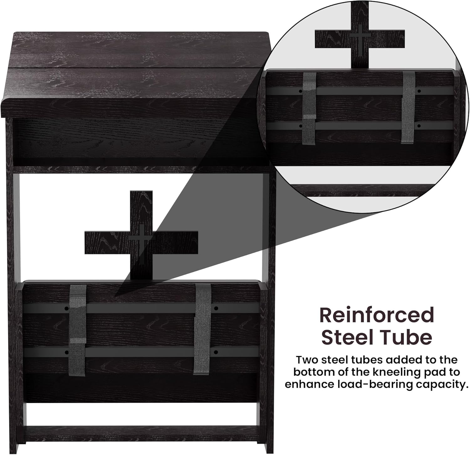 Foldable Prayer Kneeler, Wooden Prayer Bench with Storage Shelf, Cushion Pad, Rounded Corner Bookend and Customizable Cross Decoration, Reinforced Steel Tube Base Design (Dark Brown)