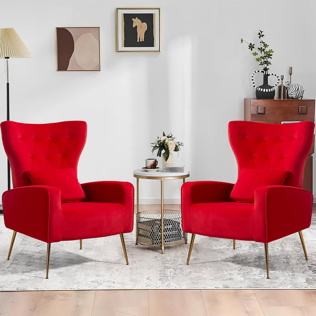 ZJhome Button-Tufted Velvet Accent Chairs, WingBack Living Room Chair Armchair with Lumbar Pillow, Bedroom Chairs Arm Chair with Golden Legs, Red
