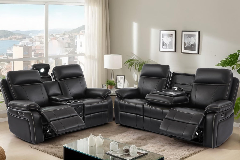 Power Reclining Sofa Set, Power Recliner Sofa and Loveseat Set with LED Light/Bluetooth Speakers, Electric Reclining Sofa Couch Living Room Set for Home, Office(Black, Sofa+Loveseat) | pu leather
