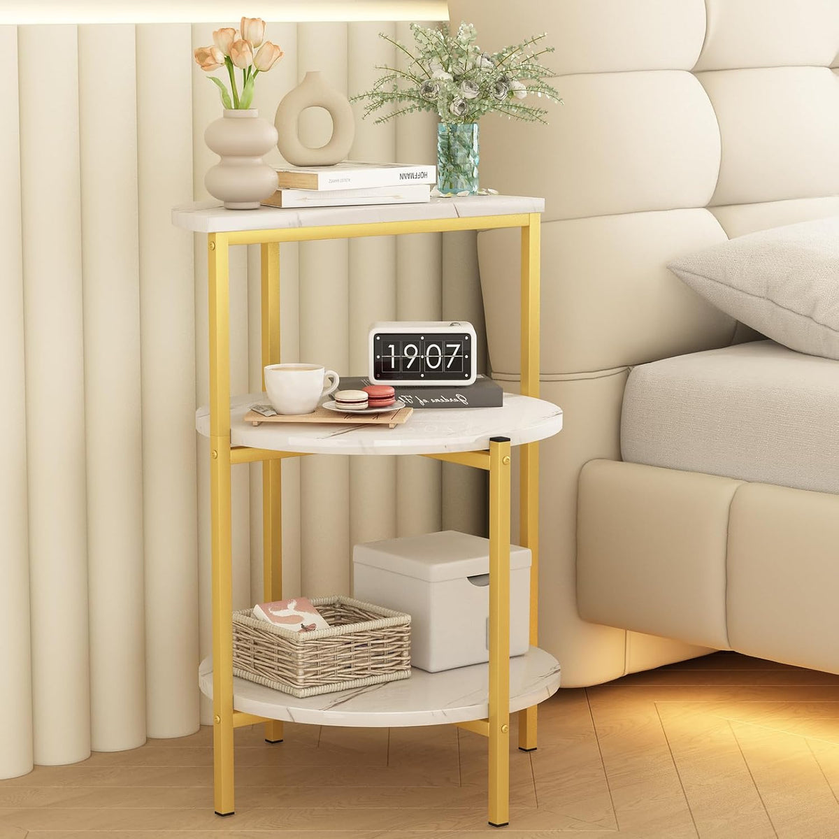 AWQM Marble Side End Table Set, 3-Tier Sofa Side Table, Small Round Coffee, Table Bedside Table of 2, Corner Table w/Metal Frame for Living Room Bedroom, White+Gold