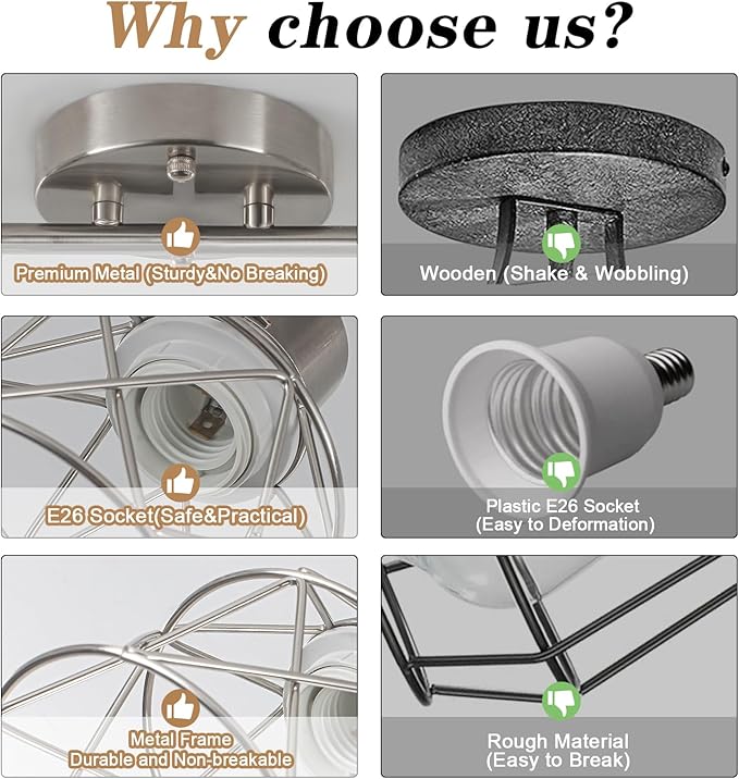 BUXVRCS Adjustable Multi-Directional Brushed Nickel Light Fixtures, Semi Flush Mount Ceiling Light, Kitchen Light Fixtures Ceiling Mount, Geometric Metal Cage Industrial Spotlight Fixtures