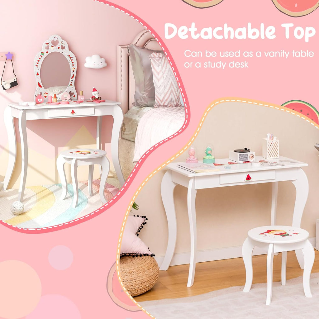 Costzon Kids Vanity, Girls Vanity Set with Mirror and Stool, Storage Drawer, Princess Toddler Makeup Vanity Desk Dressing Table, Wooden Kids Vanity Table and Chair Set (Fruit Pattern)