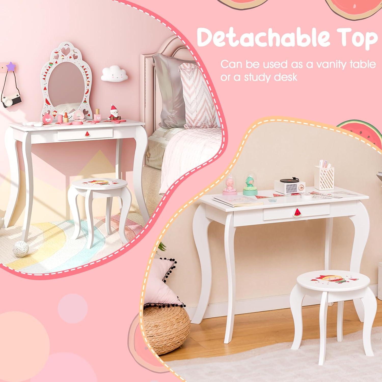 Costzon Kids Vanity, Girls Vanity Set with Mirror and Stool, Storage Drawer, Princess Toddler Makeup Vanity Desk Dressing Table, Wooden Kids Vanity Table and Chair Set (Fruit Pattern)