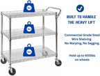 Heavy Duty 3 Tier Rolling Utility Kitchen Cart on Wheels,Large 45"L x 17 1/2"D x 45"H Metal Serving Cart Commercial Grade with Wire Shelving and Handle Bar for Office School Church Kitchen Hardware