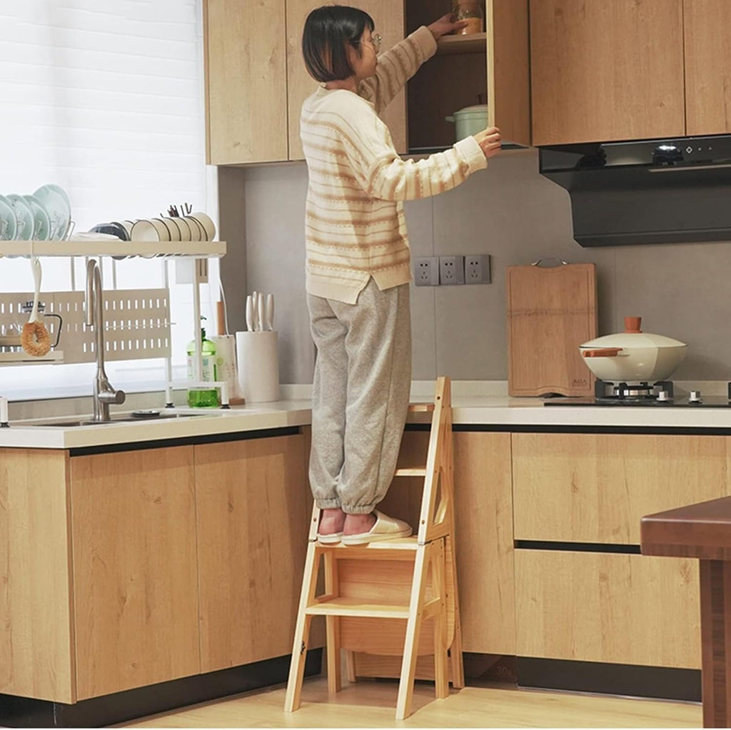 Solid Wood Foldable 4-Step Dual-Purpose Ladder Chair: for Library, as Step, Stool, Display Stand, Flower Stand (87 * 34 * 44.5cm, 90 * 35 * 46cm),Honey color-87 * 34 * 44.5cm
