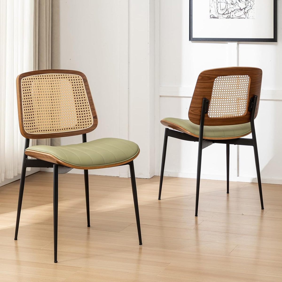 Rattan Dining Room Chairs Set of 4,Mid Century Modern Green PU Leather Kitchen Chair,Upholstered Seat Metal Legs Chairs with Adjustable Foot Pads,Walnut Armless Side Chairs