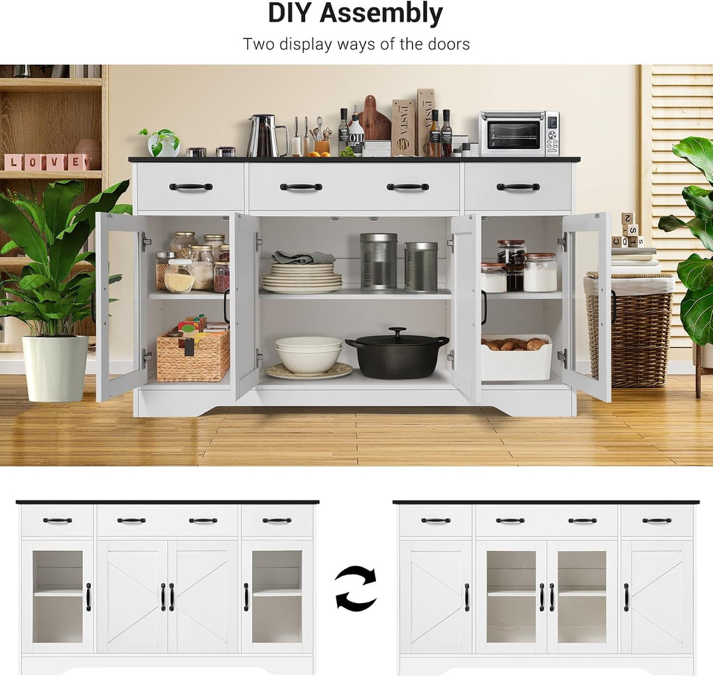 Homdox 55" Buffet Cabinet with Storage, Modern Farmhouse Sideboard with Adjustable Shelves and Glass Doors, Large Wood Coffee Bar Cabinet for Kitchen, Living Room, White