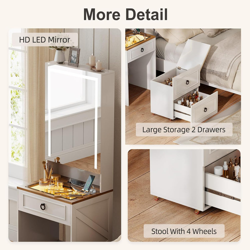 Small Vanity Desk with Mirror and Lights, Charging Station(White) | Makeup Vanity Desk Set with Glass Top & Jewelry Cabinet ,Compact Dressing Table with Storage Wheel Stool for Bedroom