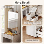 Small Vanity Desk with Mirror and Lights, Charging Station(White) | Makeup Vanity Desk Set with Glass Top & Jewelry Cabinet ,Compact Dressing Table with Storage Wheel Stool for Bedroom