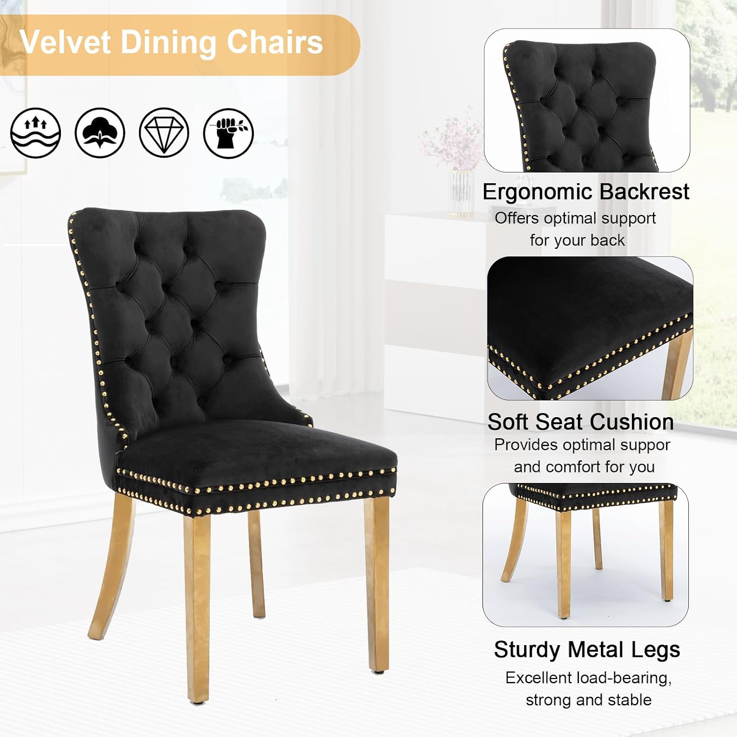 Black Marble Dining Table Set for 6,68 inch Black Marble Table with Golden Double Column Stainless Steel Base, Faux Marble Kitchen Table and Velvet Chairs Set of 6, Dining Room Table Set for 6