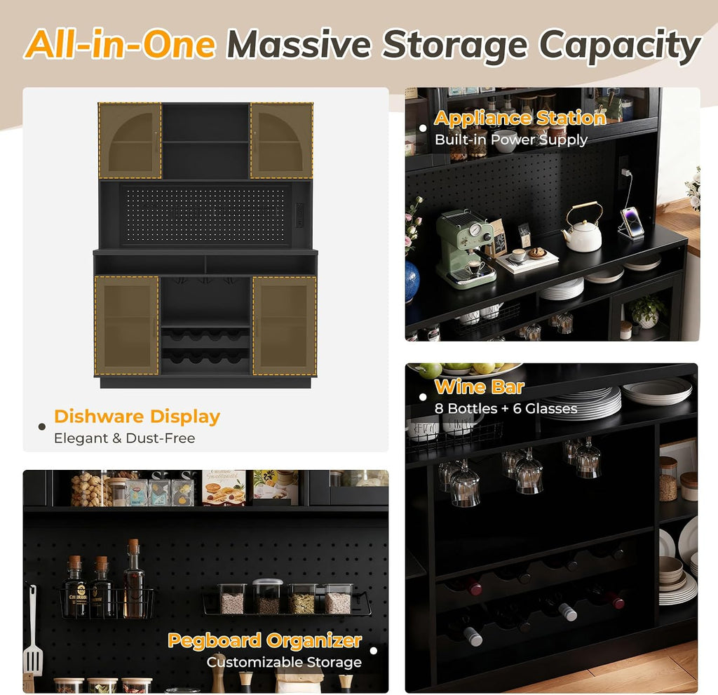 70.9" Tall Kitchen Pantry Cabinet with Outlet & LED Lights, 54.3" Wide Kitchen Storage Cabinet with Wine Rack, Farmhouse Coffee Bar Station with Pegboard, Buffet Sideboard (Black)