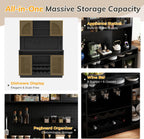 70.9" Tall Kitchen Pantry Cabinet with Outlet & LED Lights, 54.3" Wide Kitchen Storage Cabinet with Wine Rack, Farmhouse Coffee Bar Station with Pegboard, Buffet Sideboard (Black)