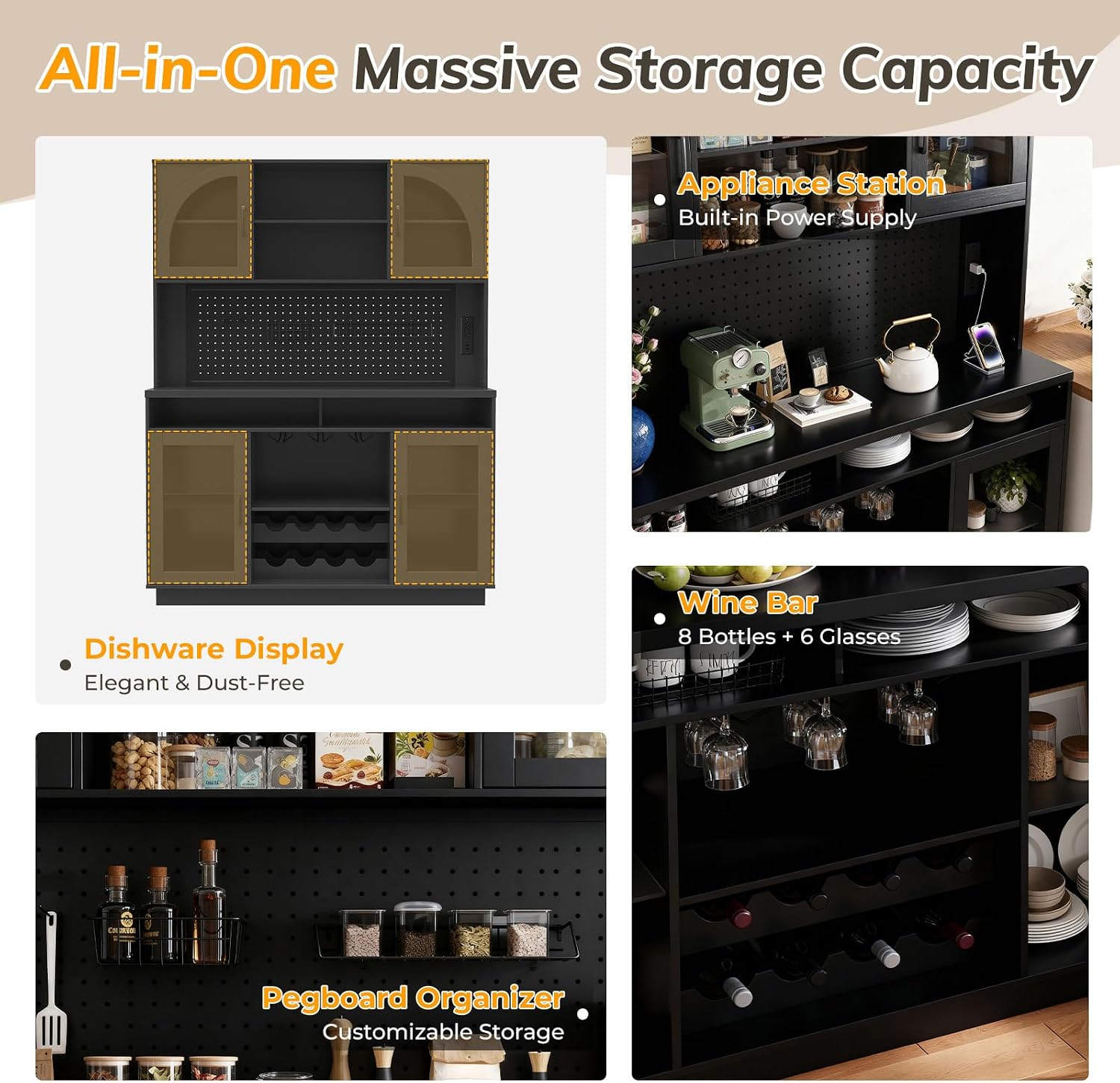 70.9" Tall Kitchen Pantry Cabinet with Outlet & LED Lights, 54.3" Wide Kitchen Storage Cabinet with Wine Rack, Farmhouse Coffee Bar Station with Pegboard, Buffet Sideboard (Black)