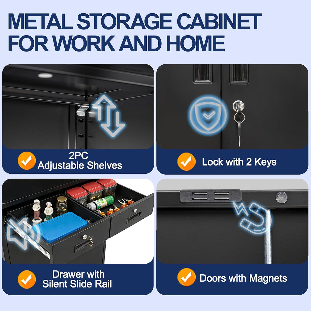 BESFUR Metal Storage Cabinet with 2 Drawers 4 Doors and 2 Adjustable Shelves Garage Storage Cabinet with Lock 71" Office Storage Cabinets Locking Cabinets for Garage Office Shop Home (Black)