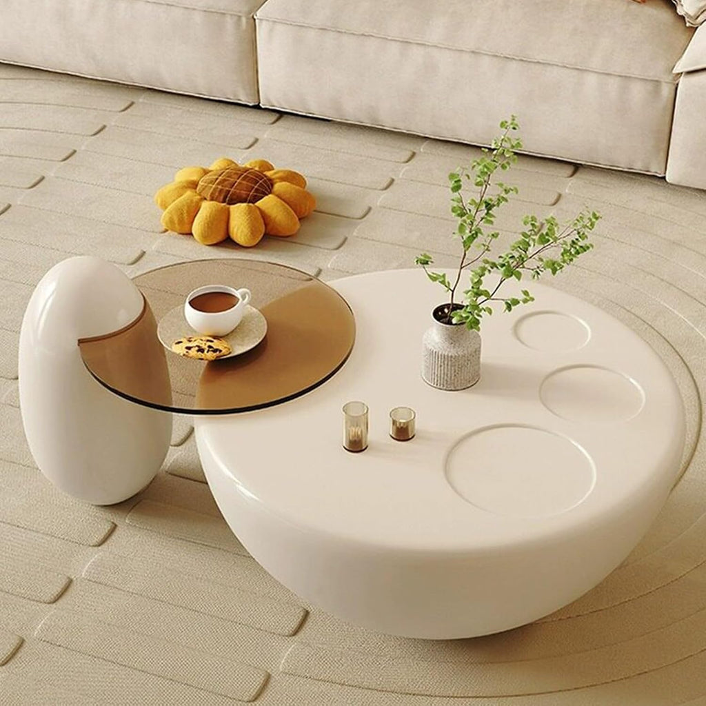 Round Nesting Coffee Table Set, FRP Gloss Lacquer Living Room Center Table | Cream Style Accent Table with Smoked Tempered Glass Tray, Fully Rounded Edge Low Profile Table for Modern Minimalist Home