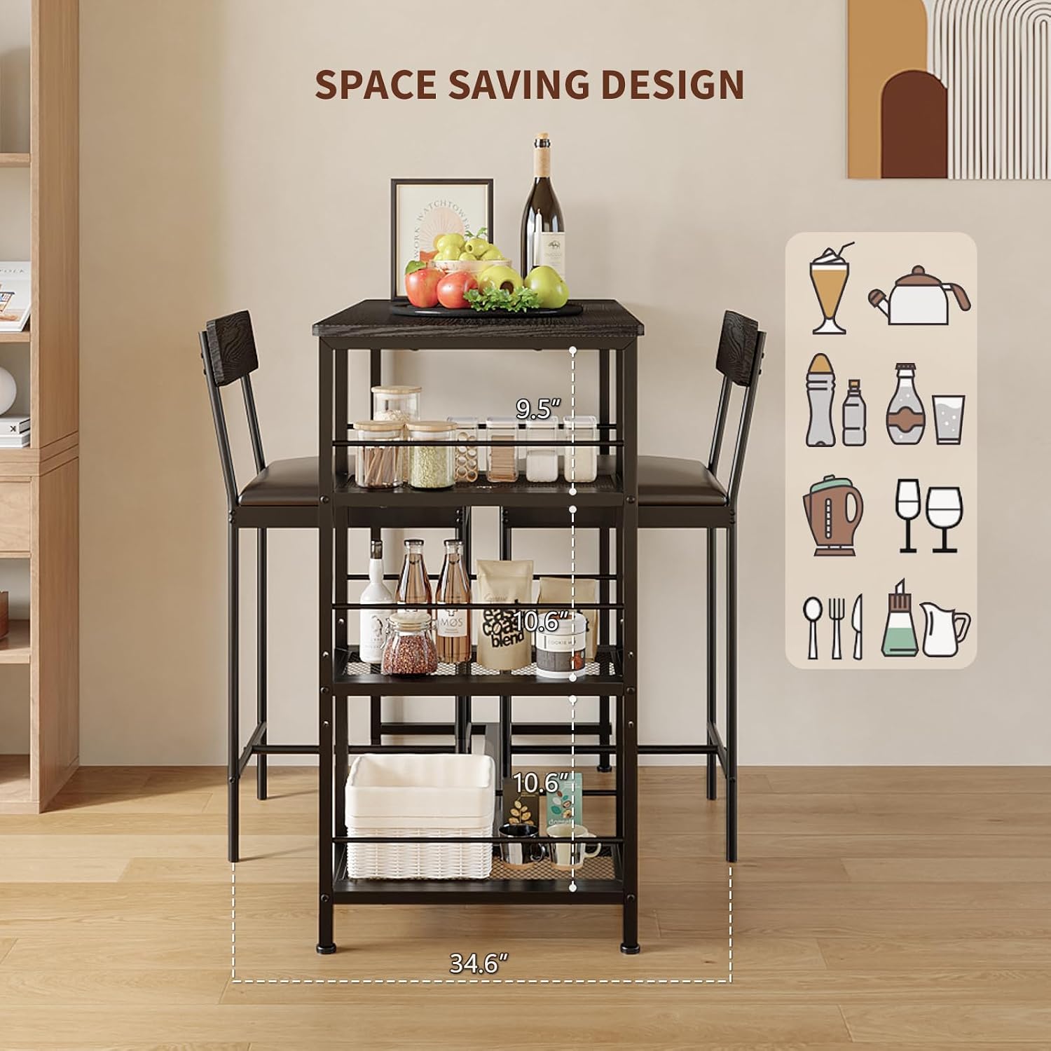 3-Piece Bar Table Set with 2 Bar Stools, Built-in Wine Rack and 3-Tier Storage Shelf, Industrial Metal Frame, Space-Saving Ideal for Small Kitchens, Apartments, and Breakfast Nooks