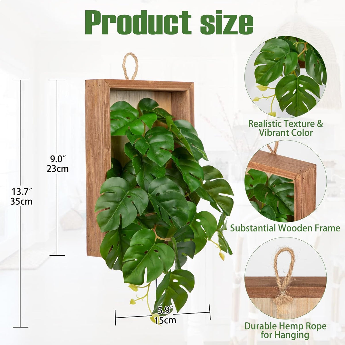 DILATATA Artificial Hanging Plants with Wooden Frame 2 Pack Faux Monstera Leaves Hanging Vine Greenery Plants for Living Room Bedroom Farmhouse Office Home Decor