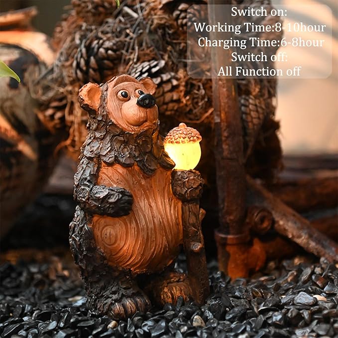 Bear Garden Figurines Outdoor Decor Solar Statue with LED Lights for Patio Lawn Yard Art Decoration Housewarming Garden Gift