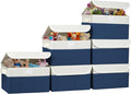 Small 8 Quart Linen Fabric Foldable Storage Bin Cube Organizer Basket with Lid & Handles, Collapsible Decorative Box Container for Home, Dorm, Closet (Navy Blue & White, 10"x8"x6", 6-Pack)