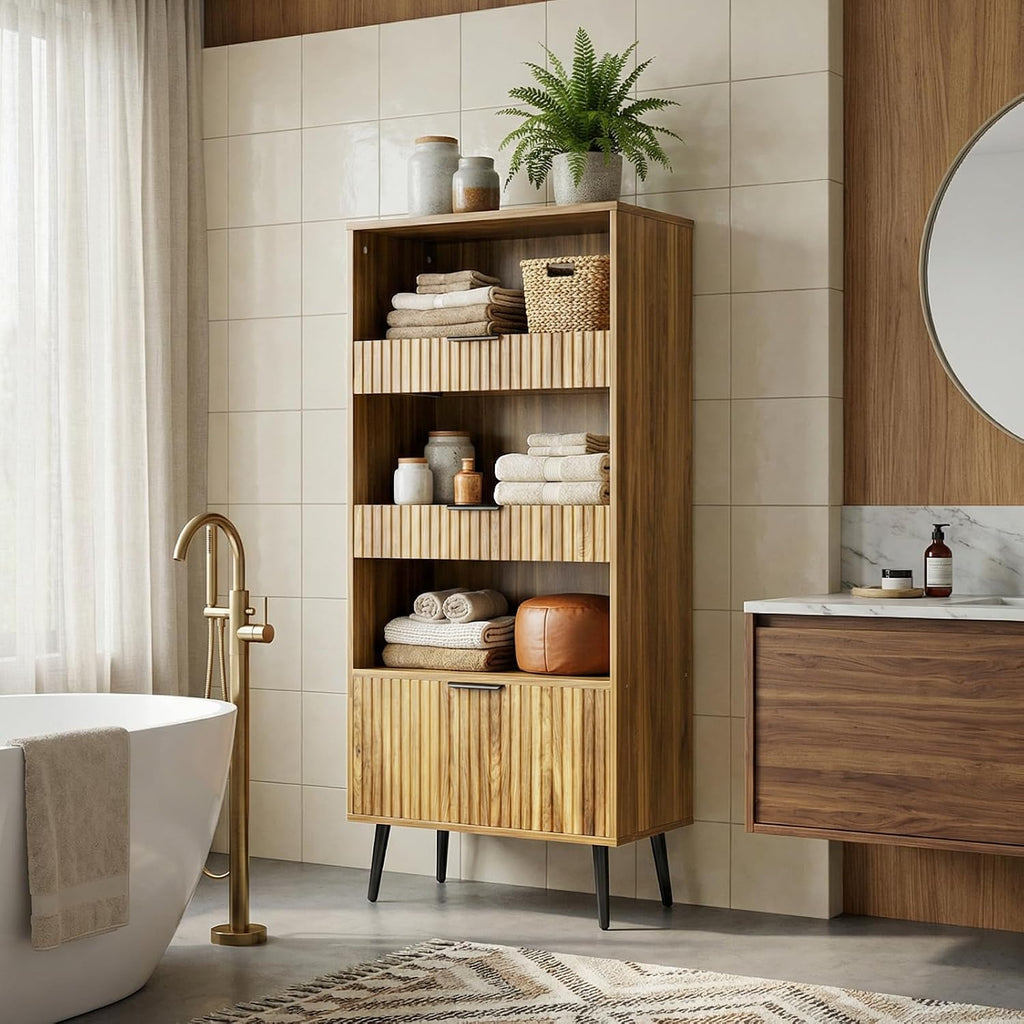 Bathroom Storage Cabinet Set of 2, 47.2" Wide 5-Tier Freestanding Pantry Cabinet with 6 Extra-Large Drawers & 2 Open Shelves, Fluted Floor Organizer Cupboard for Kitchen, Living Room, Yellow Oak